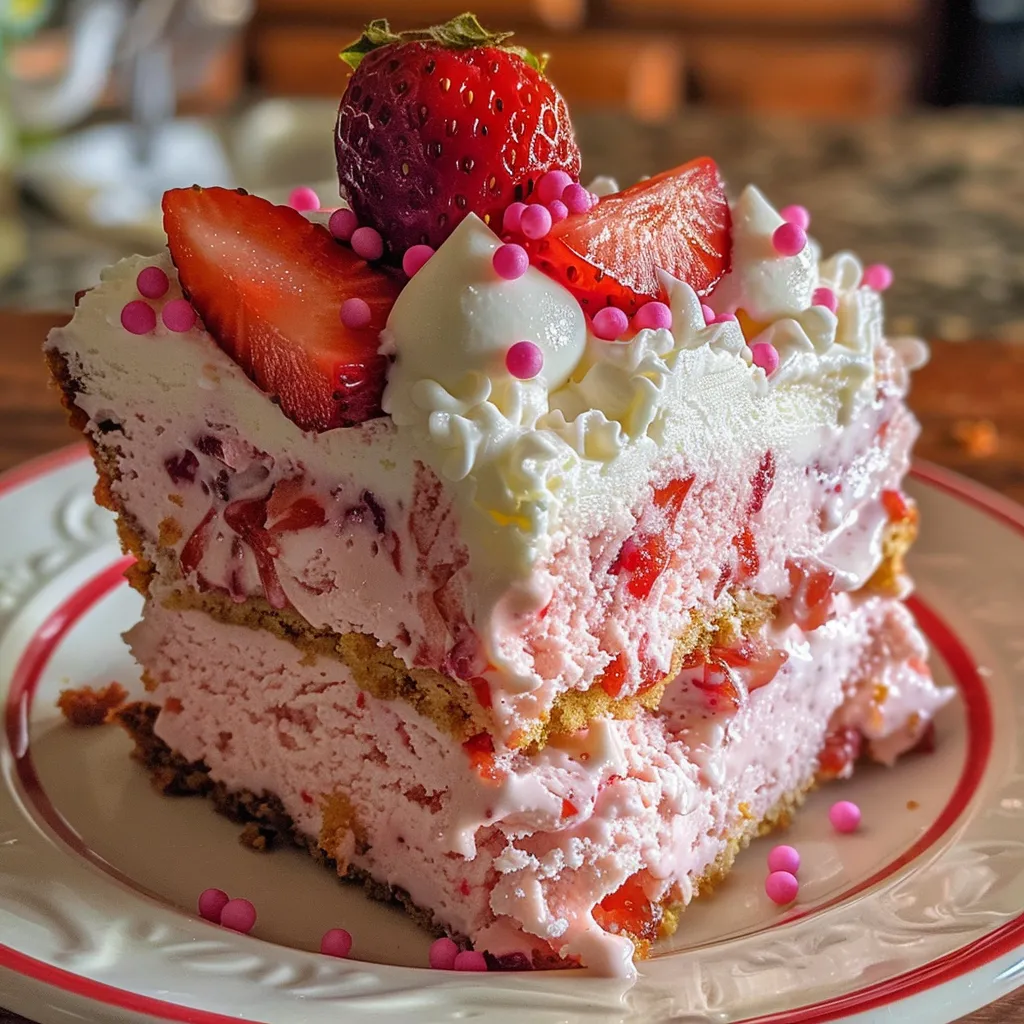 Juicy strawberry cake ice cream sandwich showing layers of cake and ice cream.