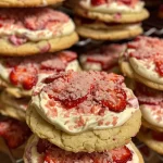 Close-up view of strawberry cheesecake cookies, showcasing their soft texture and strawberry pieces.