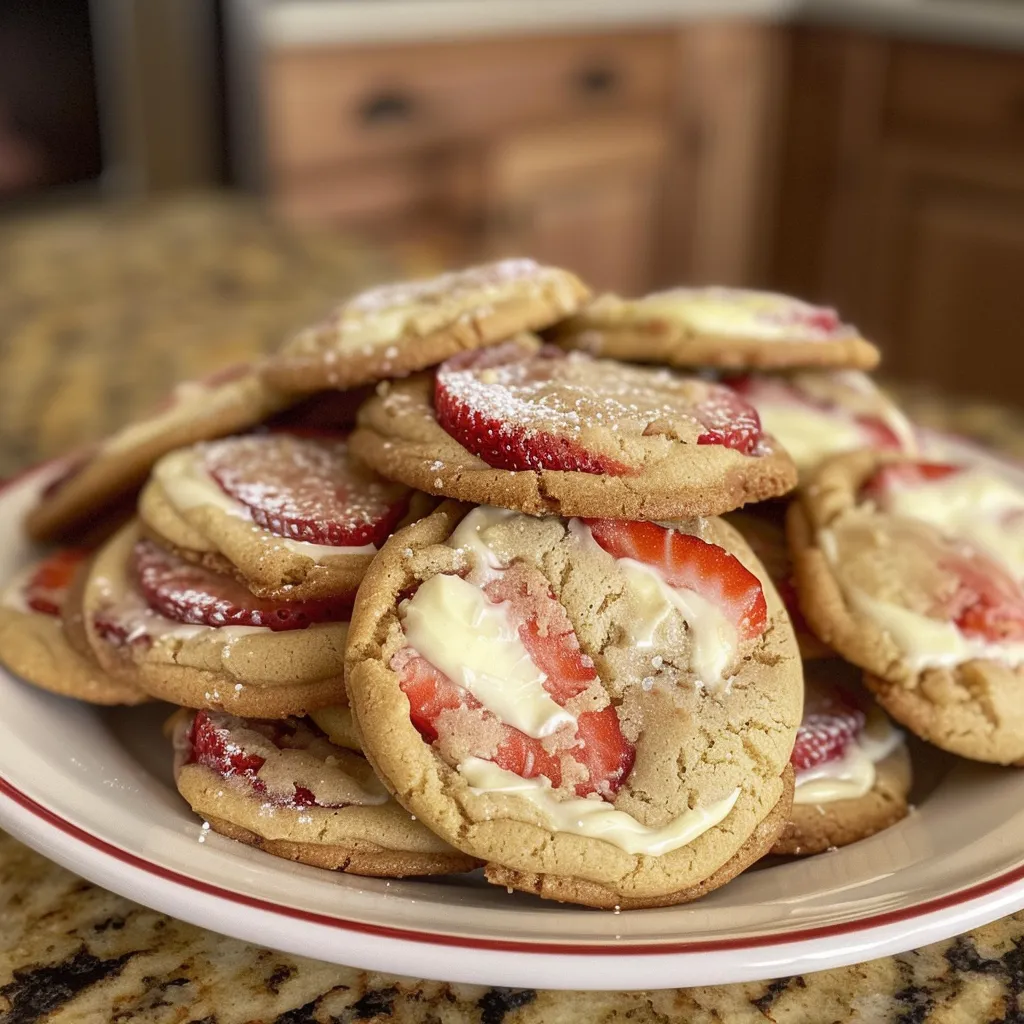 Side view of juicy strawberry cheesecake cookies, highlighting the creamy filling and baked edges.