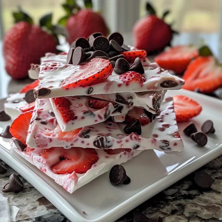 Bark of Bliss How Strawberry and Chocolate Dance Together in Greek Yogurt A close-up view of strawberry-chocolate Greek yogurt bark topped with sliced strawberries and chocolate chips.