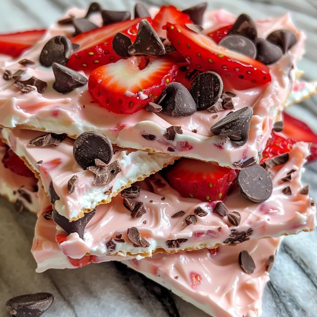 Side perspective of a colorful yogurt bark featuring strawberries and chocolate chips on a white plate.