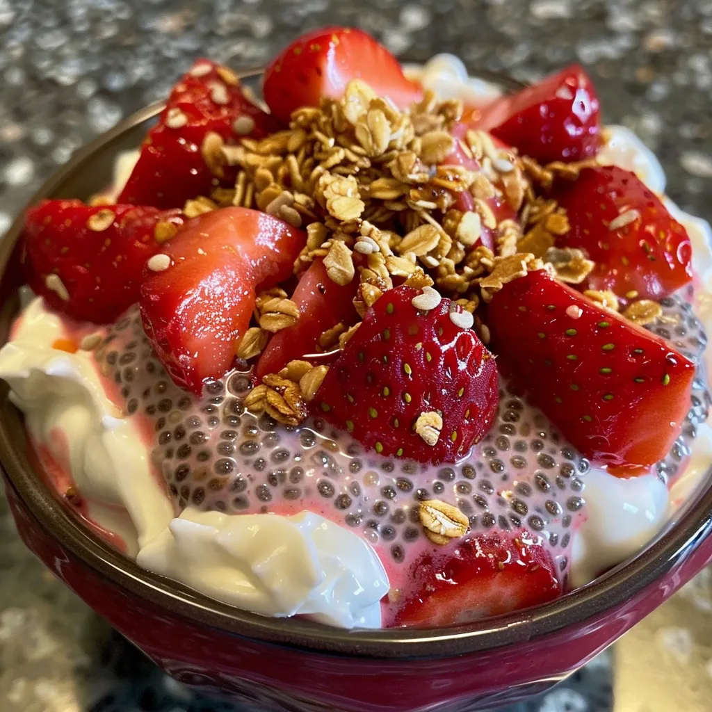 Side view of creamy Strawberry Coconut Chia Pudding with strawberries on top in a clear glass.
