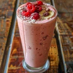 Close-up of a creamy strawberry coconut smoothie in a glass with a straw on a wooden table.
