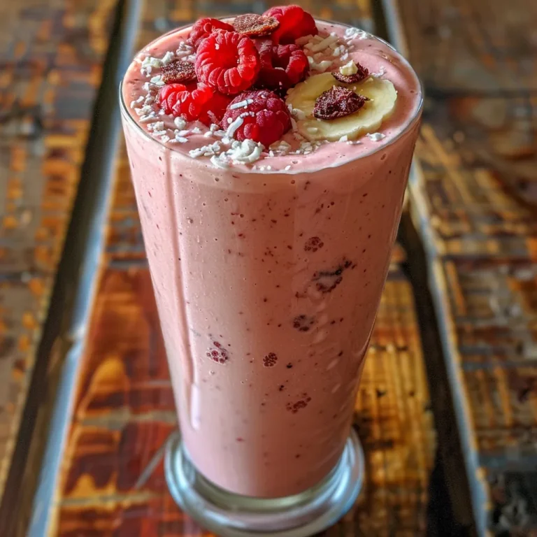 Close-up of a creamy strawberry coconut smoothie in a glass with a straw on a wooden table.