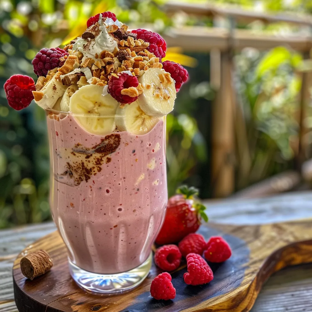 Side view of a refreshing strawberry coconut smoothie topped with crushed freeze-dried strawberries.