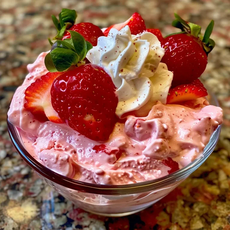 Close-up side view of a creamy Strawberry Greek Yogurt Mousse topped with fresh strawberries.