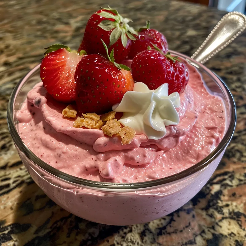 Delicious Strawberry Greek Yogurt Mousse displayed in a clear glass, showing its smooth texture.