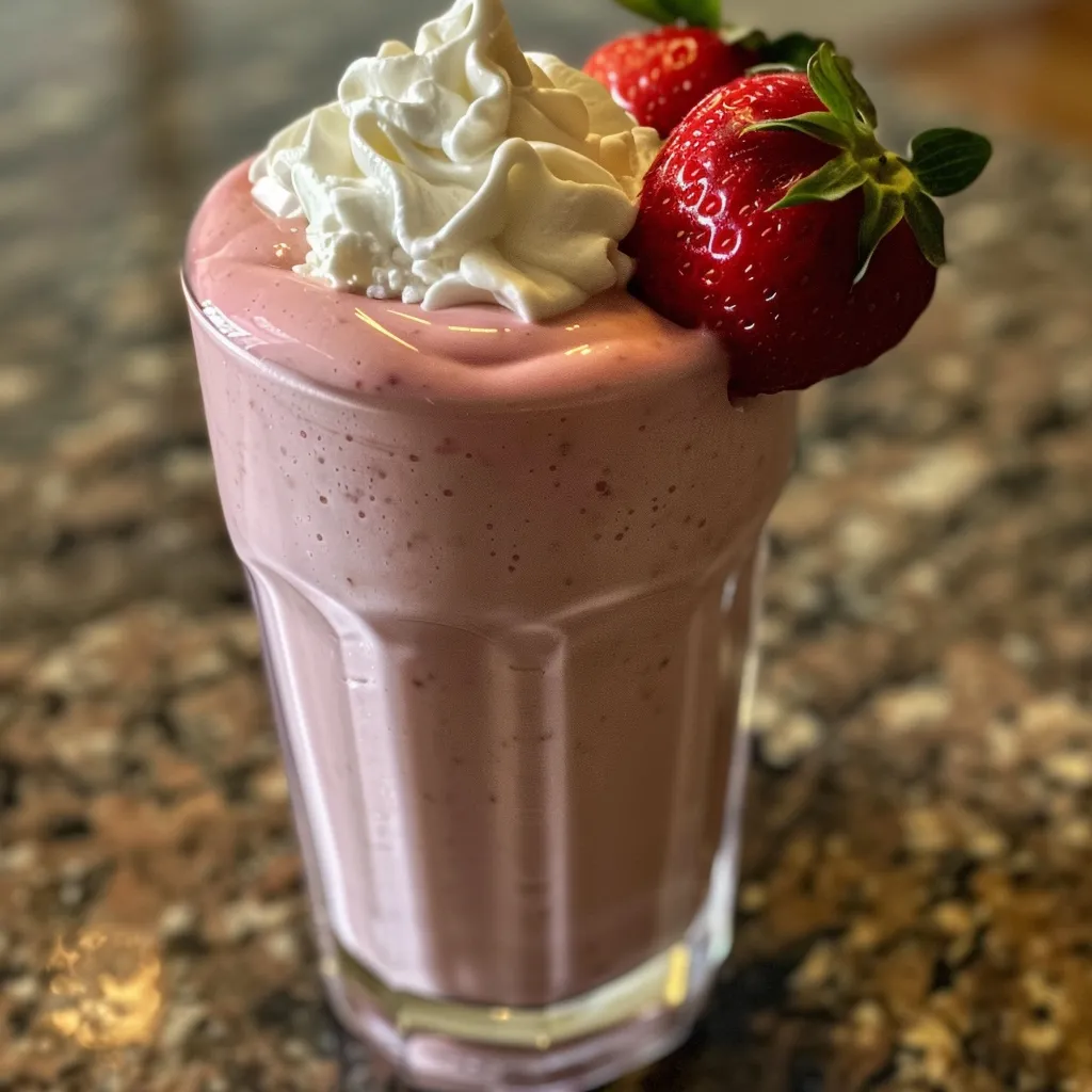 A creamy strawberry protein shake, garnished with fresh strawberries, captured from the side.