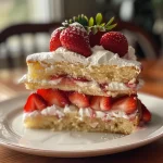 Juicy strawberry shortcake cake with fresh strawberries on top.