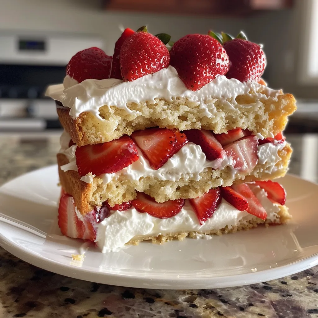 Side view of a layered strawberry shortcake adorned with whipped cream.