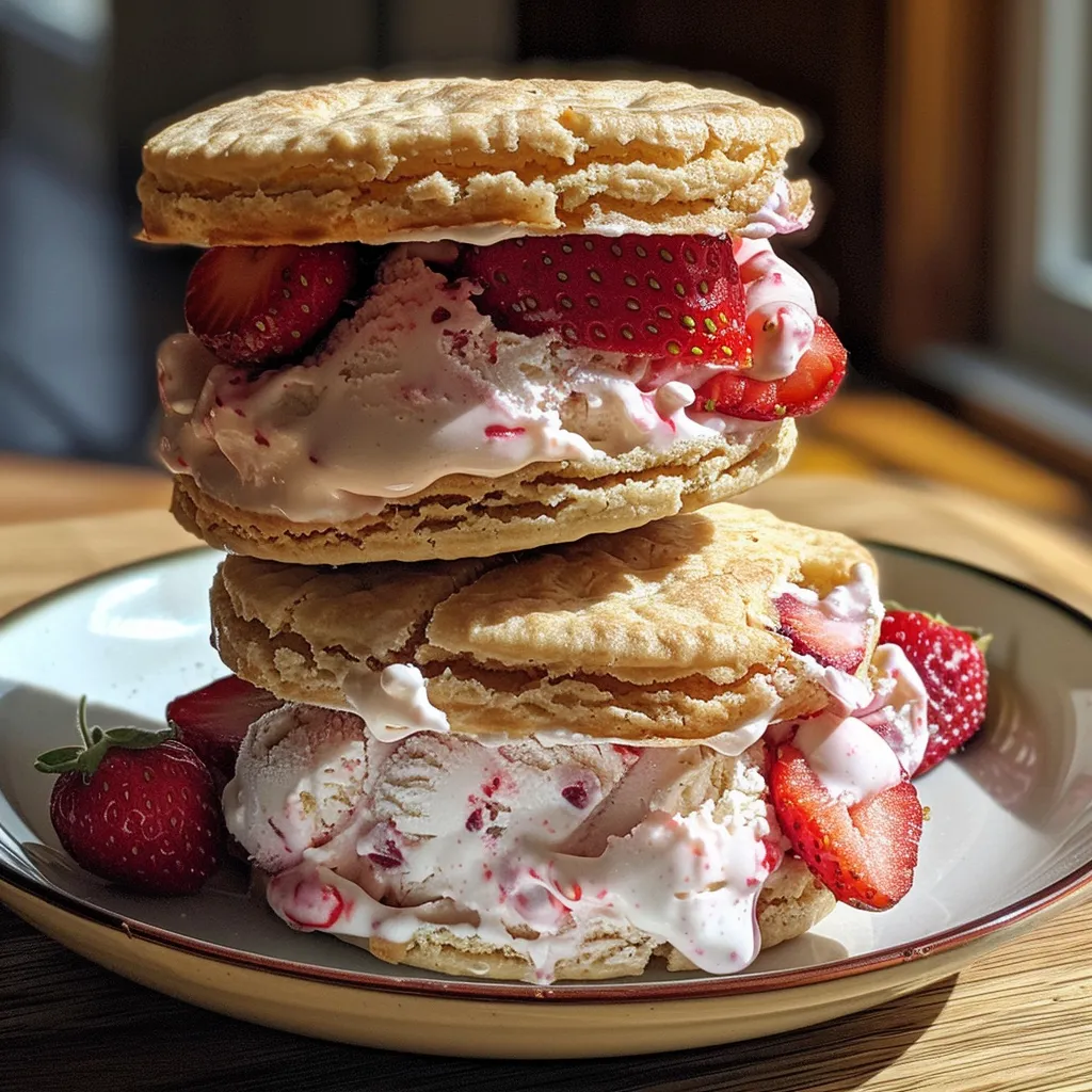 Side view of a delicious strawberry shortcake ice cream sandwich with layers of strawberries and shortcake biscuits.
