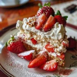 Close-up of a Strawberry Shortcake Icebox Cake with layered strawberries and whipped cream.