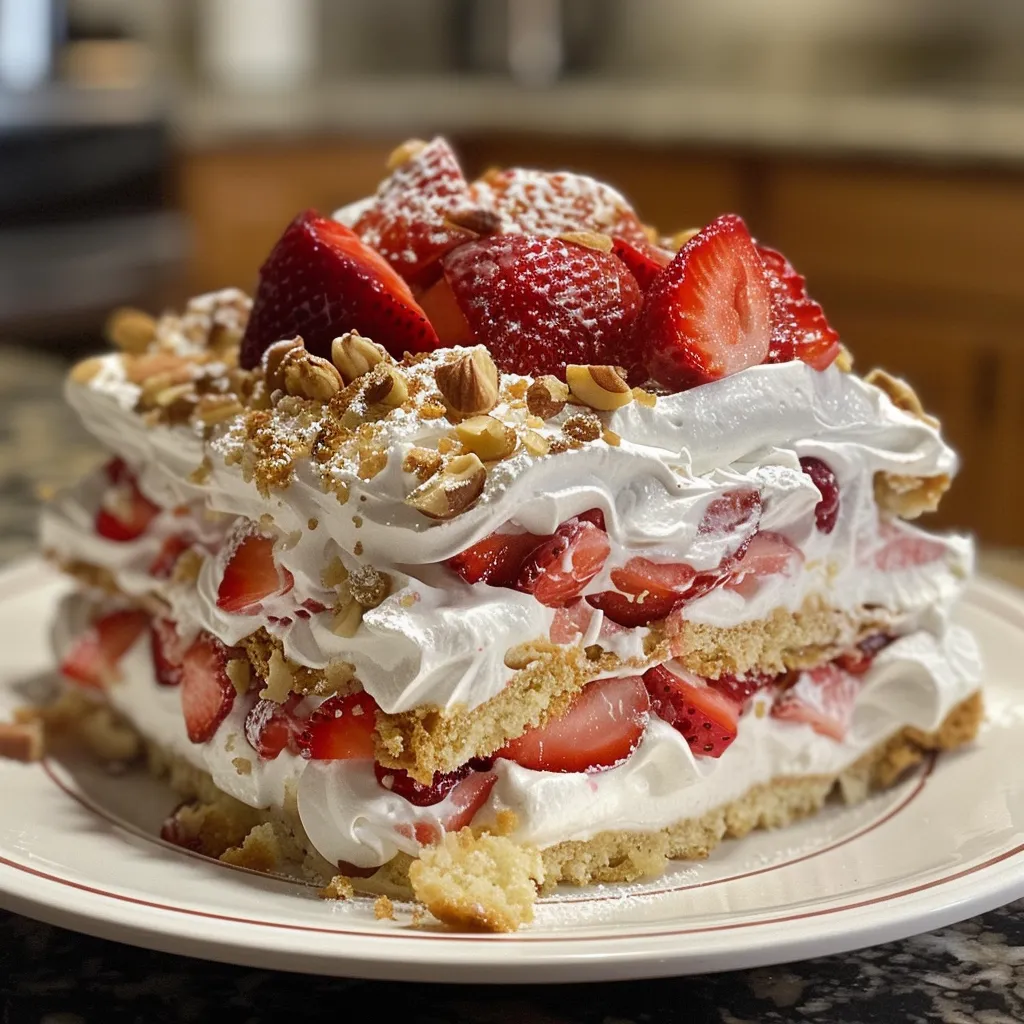 Side view of a delicious Strawberry Shortcake Icebox Cake showcasing fresh strawberries and sponge cake.
