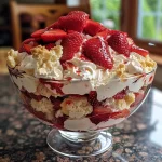 Close-up side view of a layered Strawberry Shortcake Trifle with strawberries and cream.