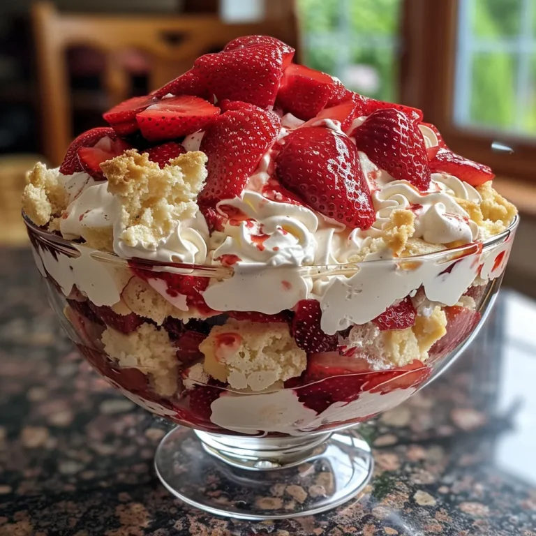 Close-up side view of a layered Strawberry Shortcake Trifle with strawberries and cream.