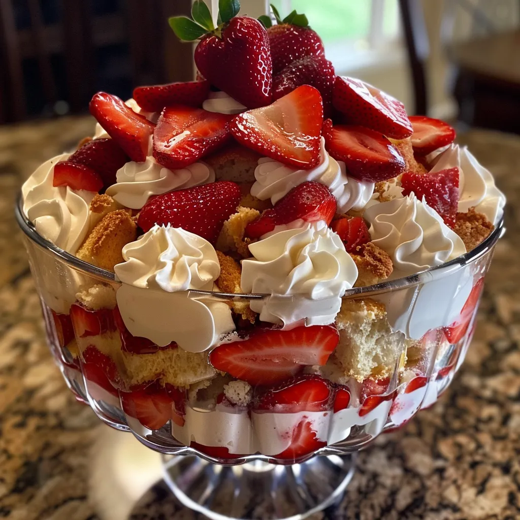 Detailed image of a Strawberry Shortcake Trifle showcasing layers of strawberries and whipped cream.