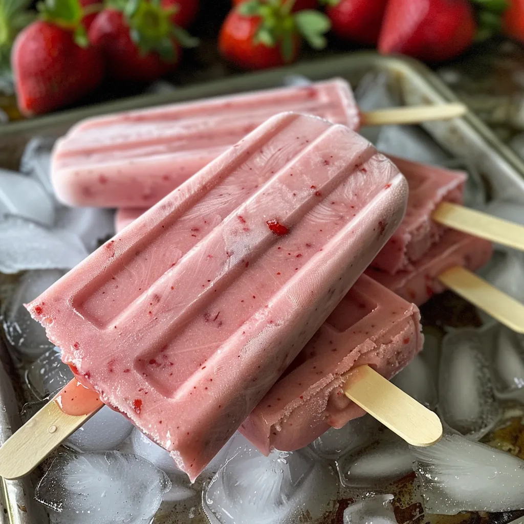 Side view of refreshing strawberry yogurt popsicles, showcasing their creamy layers.