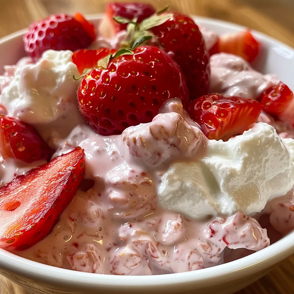 Side view of strawberry yogurt adorned with vibrant red strawberries and a smooth texture.