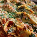 Close-up view of juicy stuffed pasta shells filled with a creamy mixture.