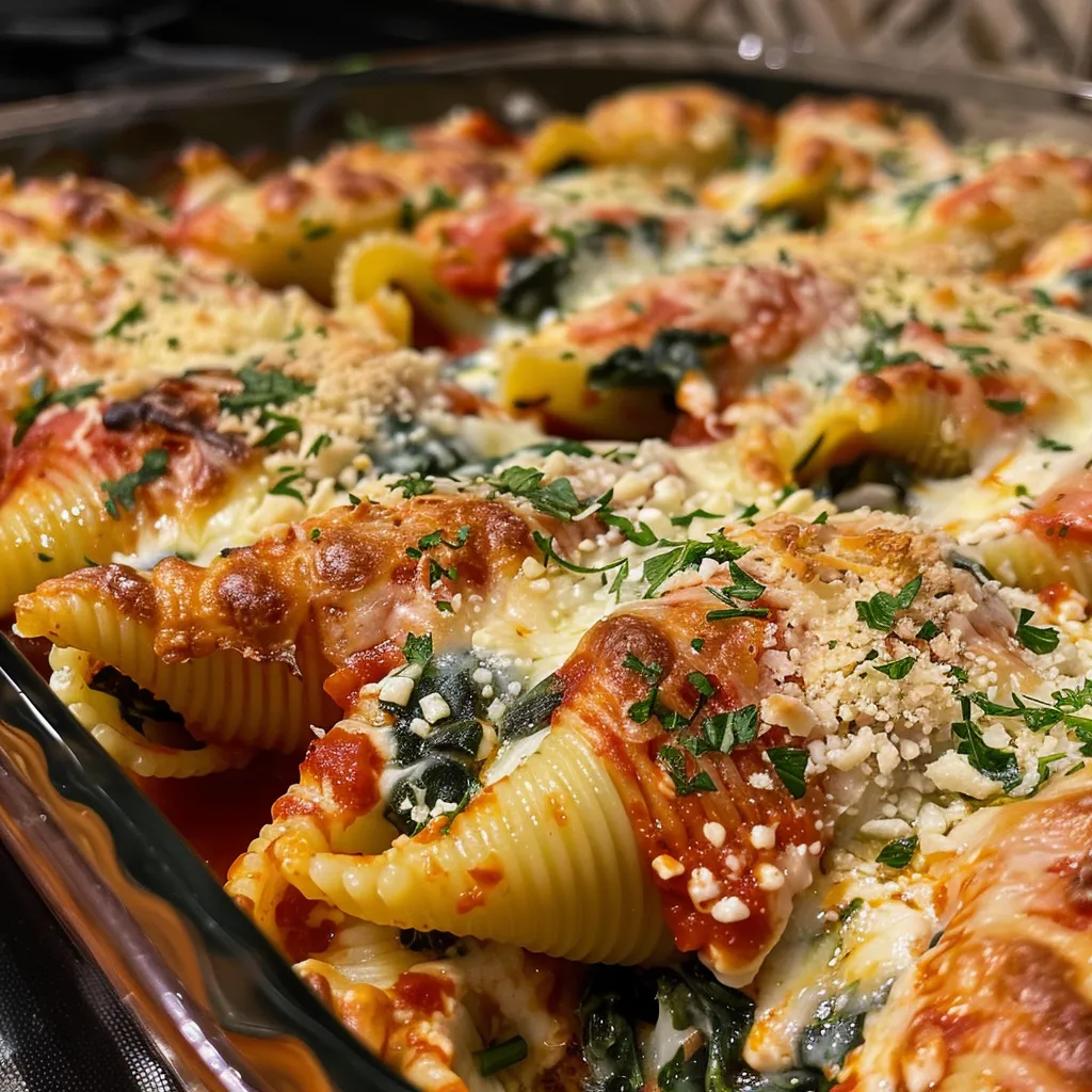 Side angle of jumbo stuffed shells topped with melted cheese and fresh herbs.