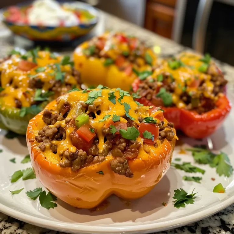 Colorful Taco Peppers: A Festive Twist on a Family Favorite Close-up of colorful stuffed taco peppers filled with ground beef and cheese.