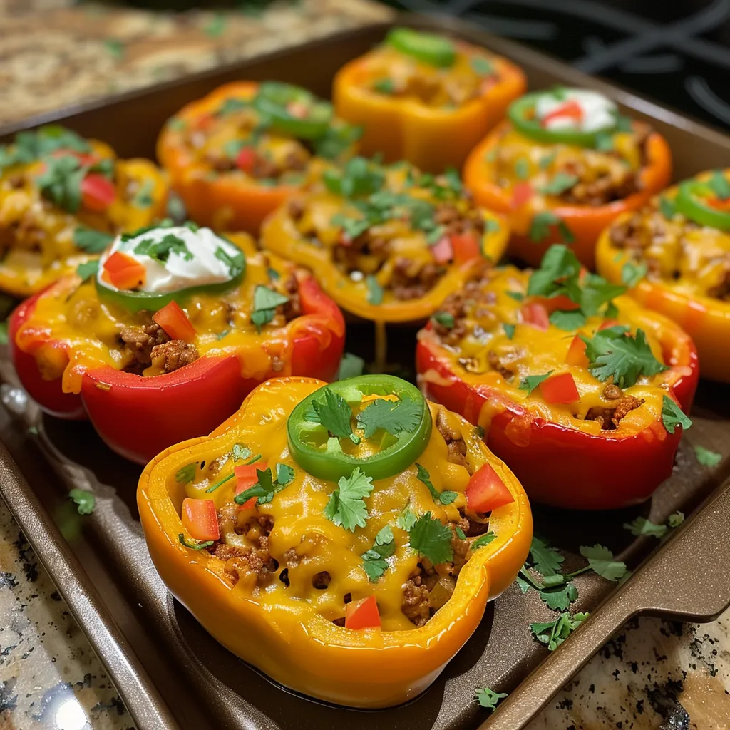 Juicy stuffed bell peppers with taco filling and melted cheese, side view.