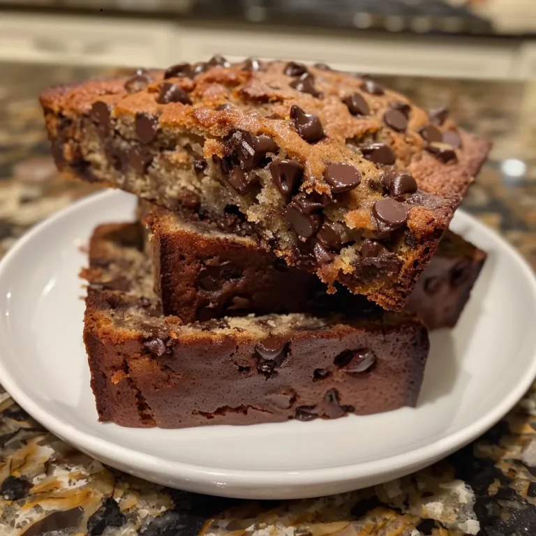 The Moist Banana Bread That Wraps You in a Chocolatey Embrace Close-up of a slice of chocolate chip banana bread with visible chocolate chunks and a moist texture.