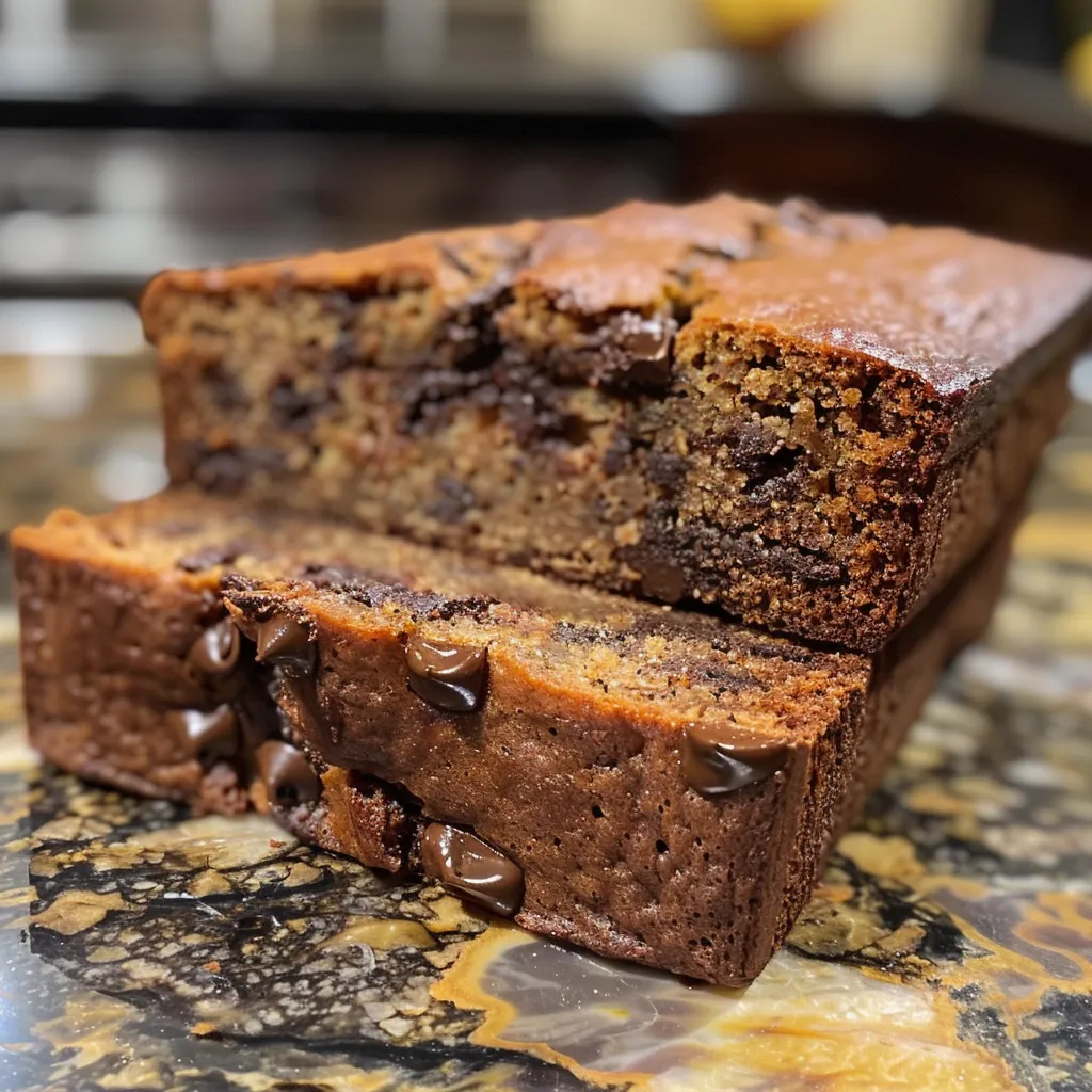 Side view of a freshly baked loaf of chocolate chip banana bread, showcasing its soft texture and rich color.