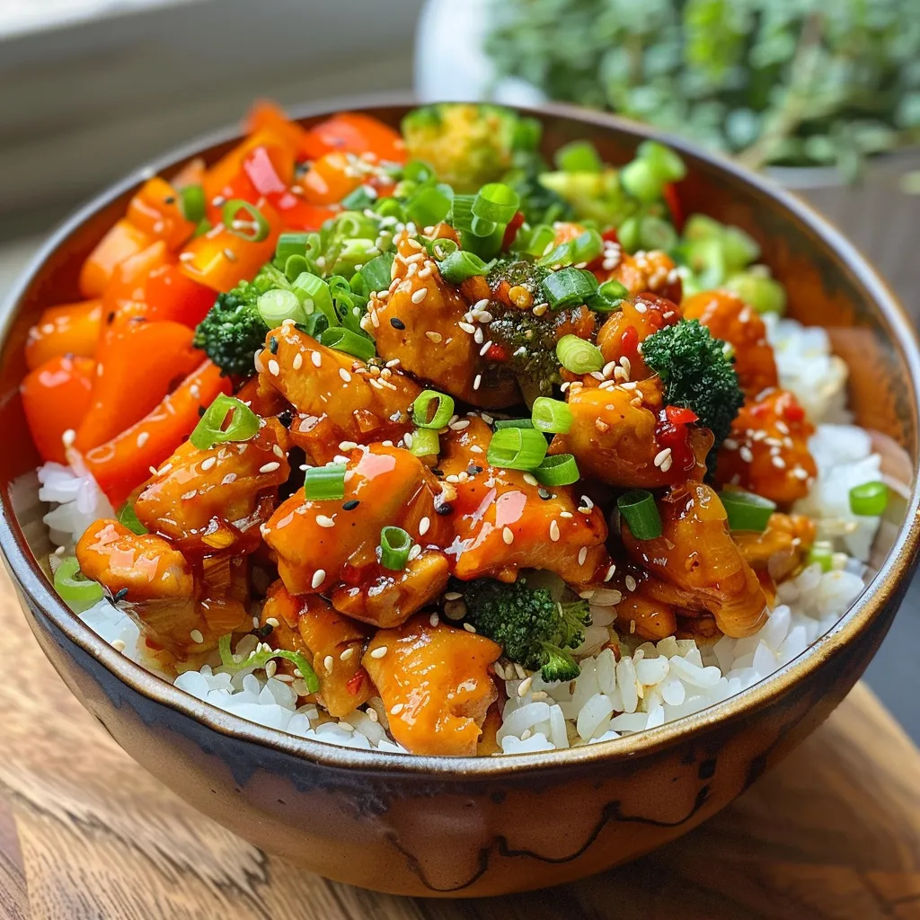 Side view of a filled rice bowl featuring juicy sweet chili chicken and colorful vegetables.