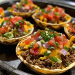 Juicy Taco Cups in mini tortillas, filled with beef and topped with colorful vegetables.