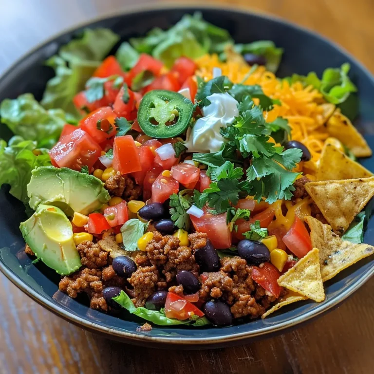 Close-up view of a colorful taco salad with vibrant ingredients.