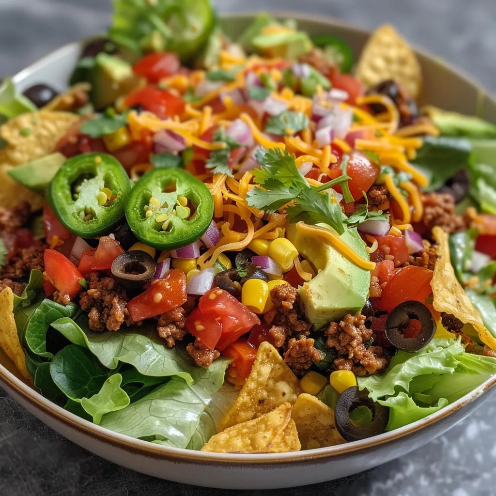 Side view of a taco salad featuring layers of beef, cheese, and fresh vegetables.