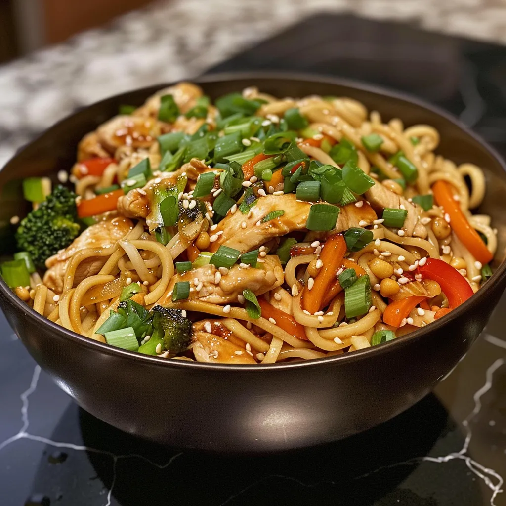 Juicy slices of chicken teriyaki atop a bed of noodles and fresh vegetables in a bowl.
