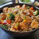 Juicy teriyaki chicken noodles topped with sesame seeds and green onions in a bowl.