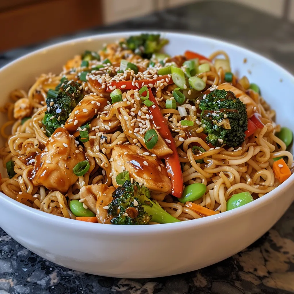 Close-up view of teriyaki chicken stir-fry with colorful vegetables and noodles.