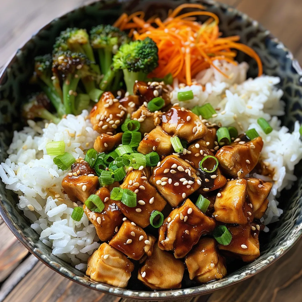 Side angle of a delicious Teriyaki chicken rice bowl featuring garnishes.