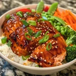A close-up view of a Teriyaki salmon bowl featuring salmon, rice, and colorful vegetables.