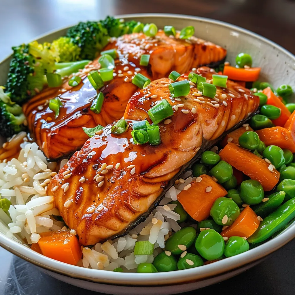 Juicy teriyaki salmon fillets served over a bed of rice with vibrant vegetables in a bowl.