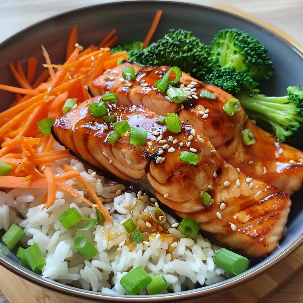 Side angle of a Teriyaki Salmon Rice Bowl featuring glossy salmon fillets over rice and vibrant toppings.