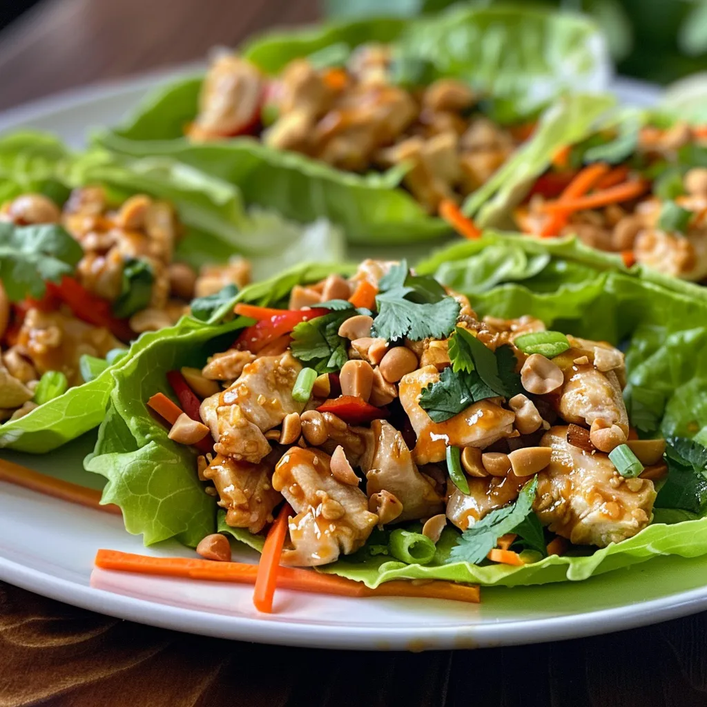 Side profile of juicy Thai peanut chicken wrapped in butter lettuce, showcasing vibrant colors and textures.