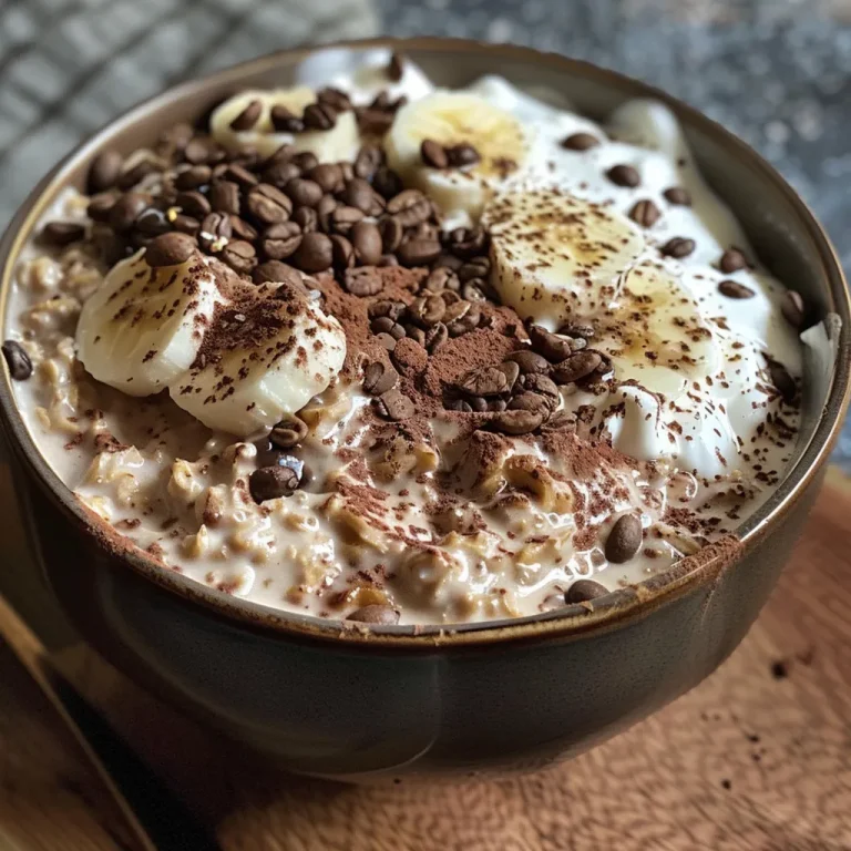 A close-up view of Tiramisu Overnight Oats in a glass jar, showcasing layers of oats and creamy toppings.