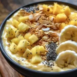 A vibrant tropical smoothie bowl featuring mango, pineapple, and banana topped with granola and chia seeds.