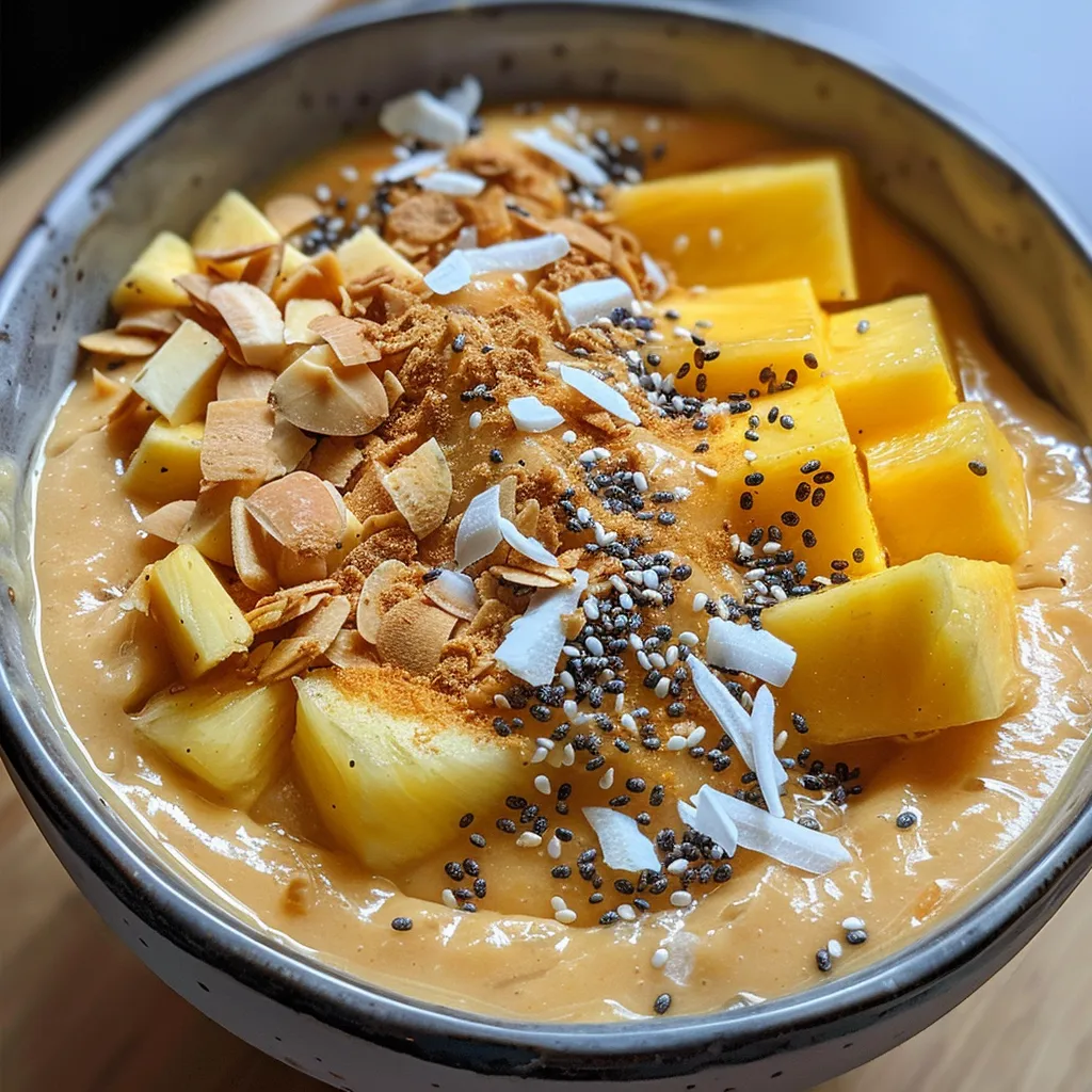 Close-up view of a colorful smoothie bowl with chunks of mango and pineapple, garnished with shredded coconut and banana slices.