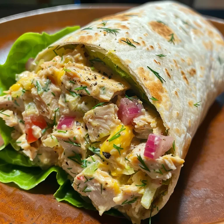 Close-up side view of a juicy tuna wrap showcasing ingredients.