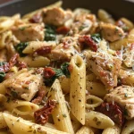Close-up view of juicy Tuscan chicken pasta with spinach and sun-dried tomatoes.
