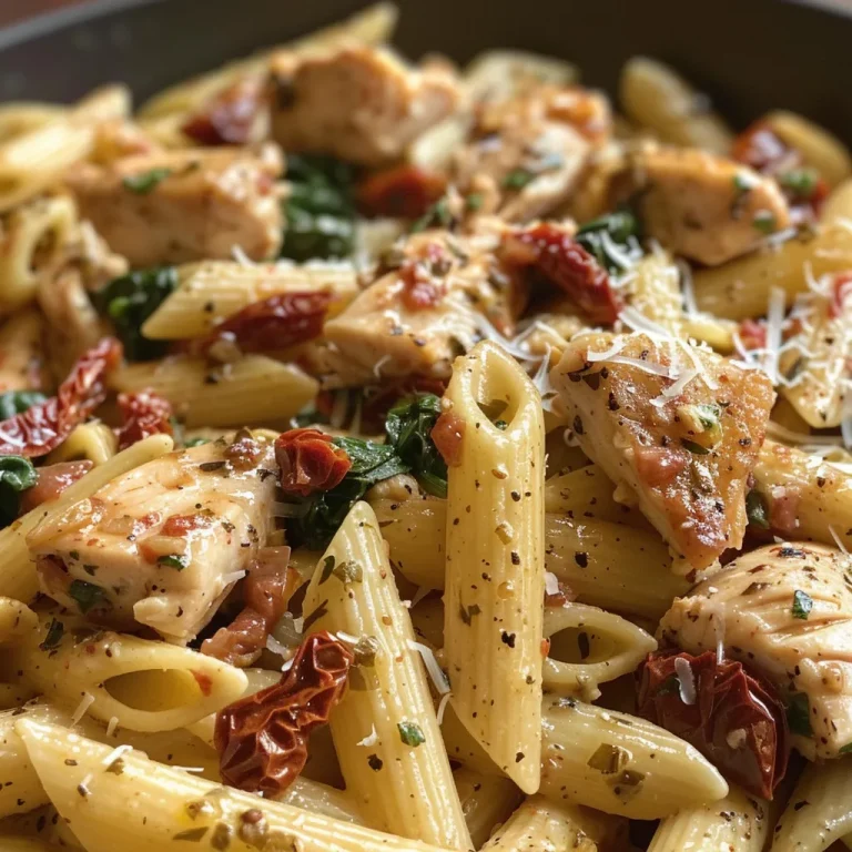 Close-up view of juicy Tuscan chicken pasta with spinach and sun-dried tomatoes.
