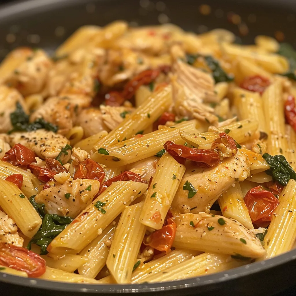A delicious plate of penne pasta with diced chicken, creamy sauce, and herbs.