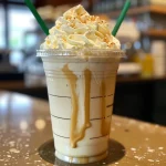 Close-up of a creamy Vanilla Bean Frappuccino in a clear glass with whipped cream.