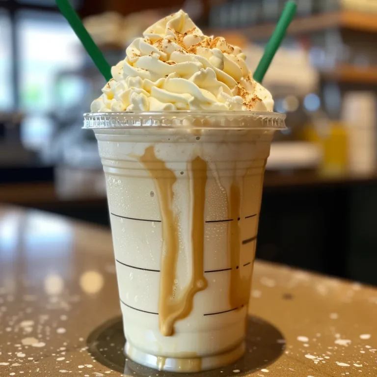 Close-up of a creamy Vanilla Bean Frappuccino in a clear glass with whipped cream.