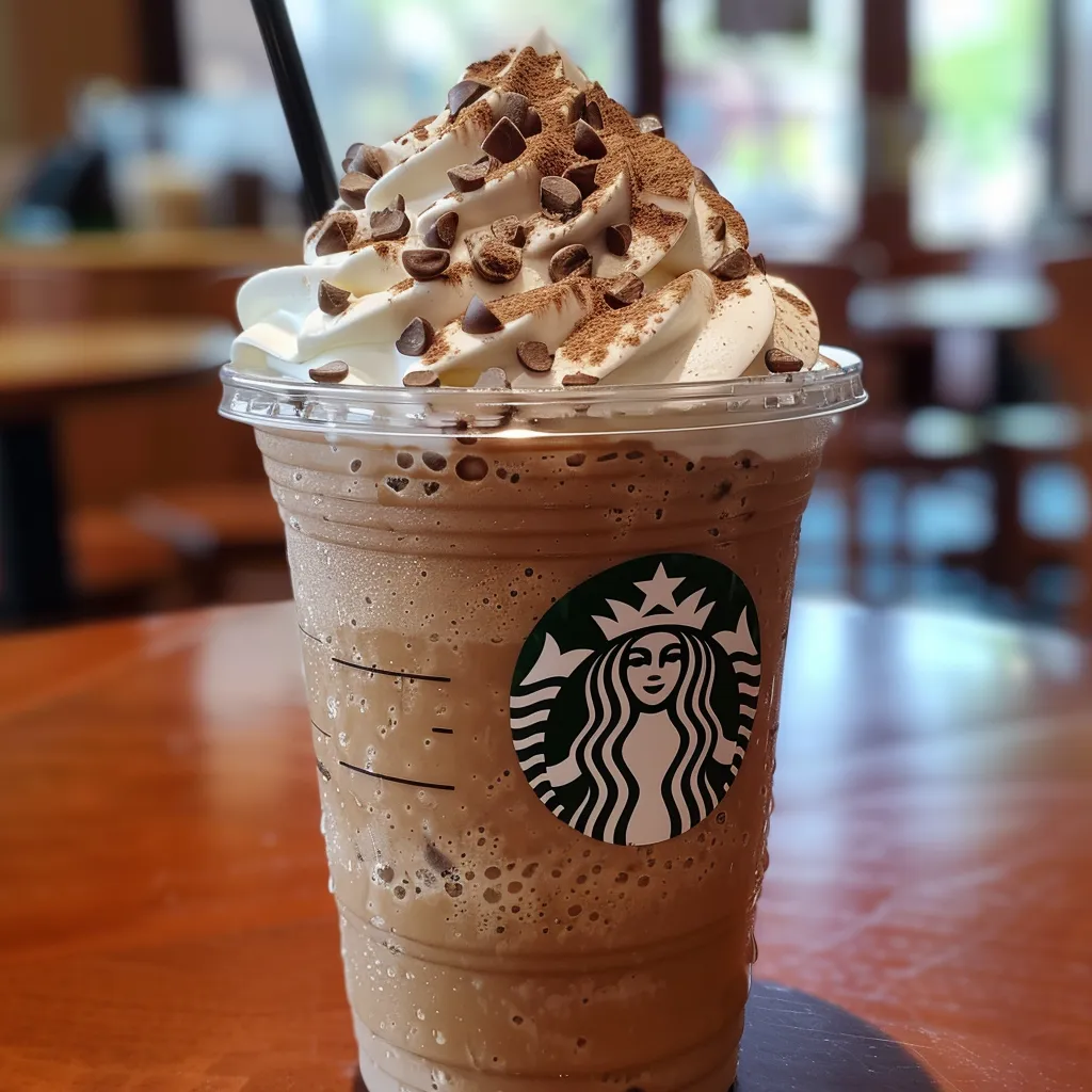 Side view of a luscious Vanilla Bean Frappuccino topped with whipped cream and vanilla bean dust.